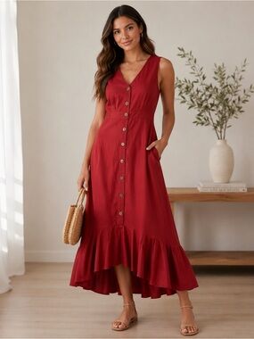 Ann Taylor Sleeveless Button-Front Red Maxi Dress with Ruffle Hem